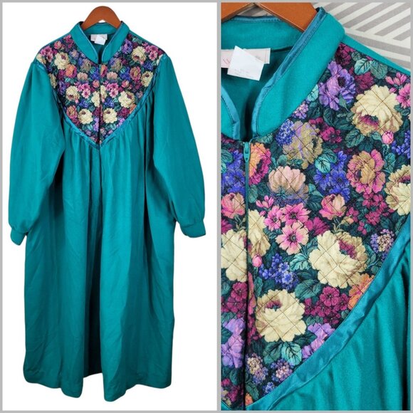 NEW Vintage 80s Fuzzy Fleece Plus 2X Housecoat Robe Zip Up warm Green Floral - Picture 1 of 7